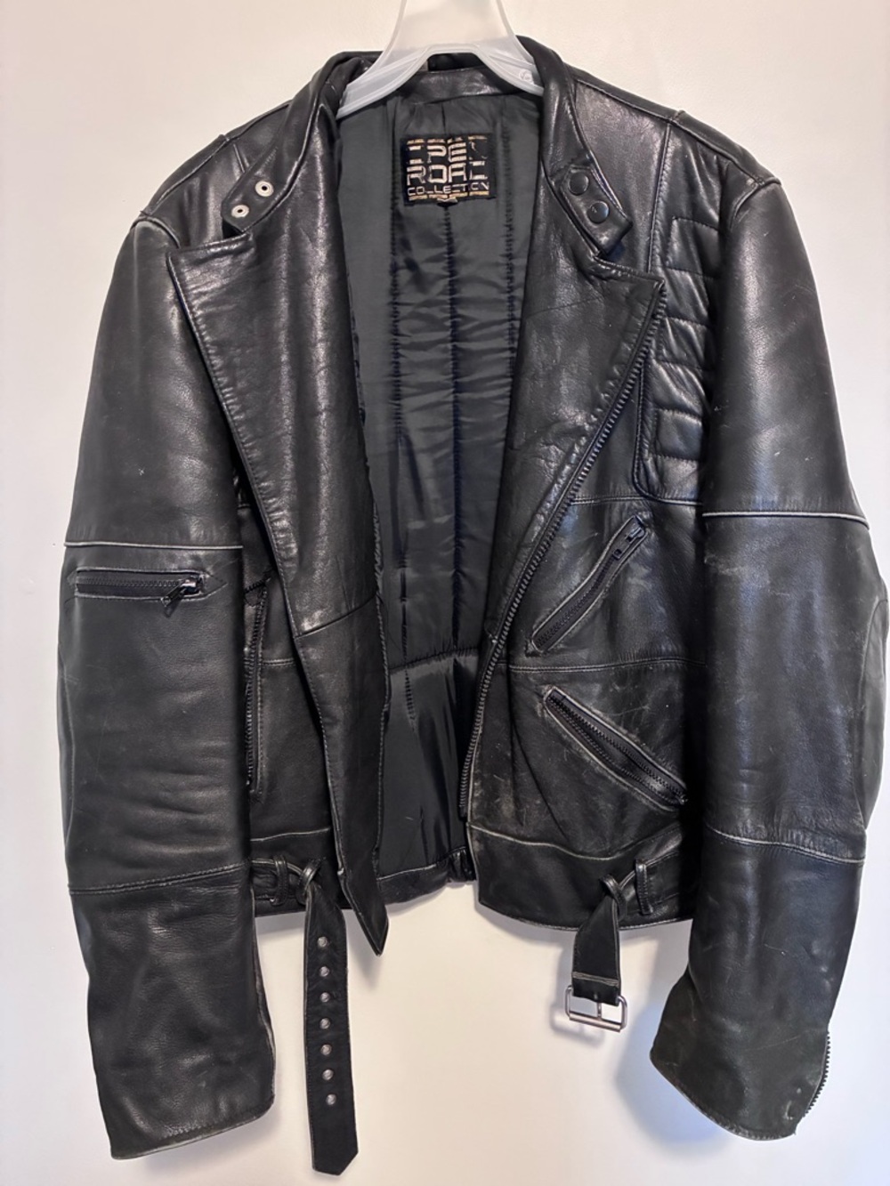 Vintage Open Road Brands Black Leather Bomber Jacket with Quilted Shoulders